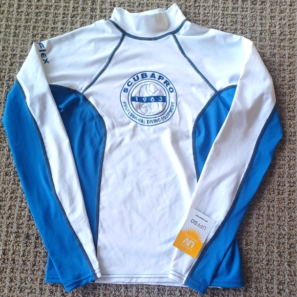 SCUBAPRO TALL NECK RASHGUARD NWT LONG SLEEVE UPF 50 MEDIUM BLUE & WHITE - Picture 9 of 16